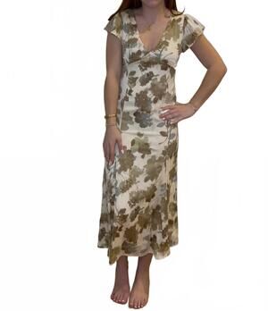 NEW MOD REF flattering floral midi dress in muted green & white